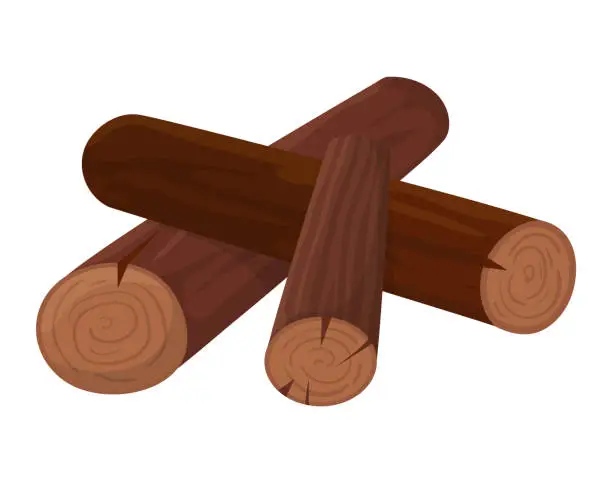 Vector illustration of Stack of three brown logs with visible tree rings. Lumber wooden texture, cartoon firewood logs vector illustration