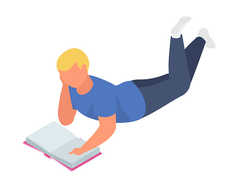 Blond boy lying on stomach reading an open book, enjoying literature. Education, leisure activity, and young reader concept vector illustration.