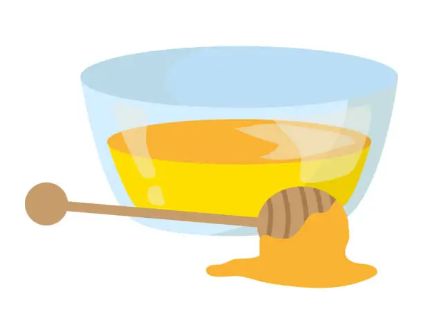 Vector illustration of Glass bowl full of honey with wooden dipper and honey spill. Sweet natural food and healthy ingredient vector illustration