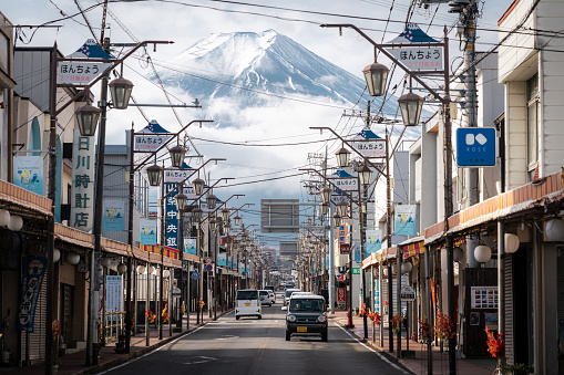 November 15, 2023 - Fujiyoshida, Japan: Street view of Mount Fuji seen from Fujiyoshida city, Yamanashi Prefecture, Japan.