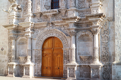 Stunning Exterior of the Church of Saint Augustine, a Historic Baroque Church in Arequipa, Peru, South America