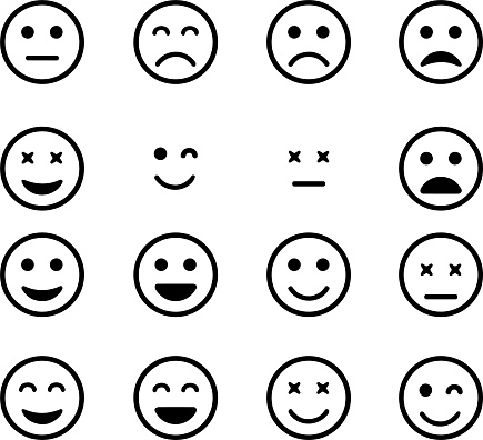 Emoji Icon Set. Emoticons. Smile faces collection. Emotions. Funny Cartoon. Hand Gestures. Social Media. Smiling, Happy, Crying, Sad, Angry, Joyful facial expressions.