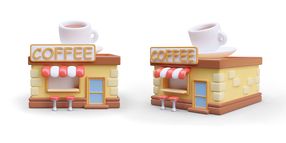 Realistic coffee shop building, view from different sides. House with giant cup on roof. Color set for advertising. Isolated vector image in cartoon style