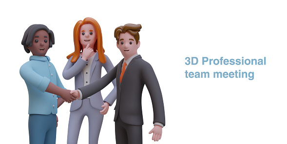 3d professional team concept. Male in business suit shaking hand to American man. Lady standing near and thinking. Business meeting with team. Vector poster in cartoon style