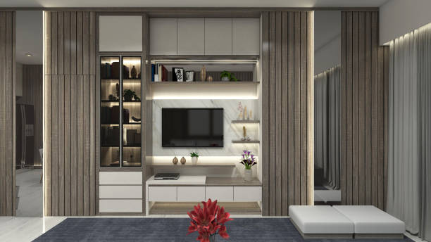 Modern and luxury tv cabinet design with showcase display and wall paneling. Using wooden and marble panel furnishing. Suitable for interior living room.