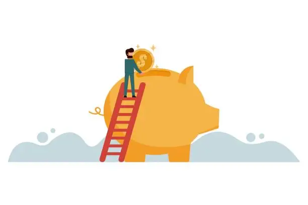 Vector illustration of A businessman climbs up a ladder to put gold coins into his large piggy bank. Saving and finance concept. Vector illustration flat design style