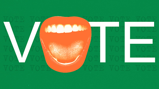 Female open mouth forming word vote. Taking part in election, choosing president. Contemporary art collage. Concept of elections day, politics, democracy, human rights. Poster.