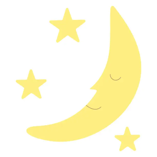 Vector illustration of Sleeping crescent moon with two stars, cute simple cartoon, good night theme. Smiling moon and stars, bedtime nursery decor vector illustration