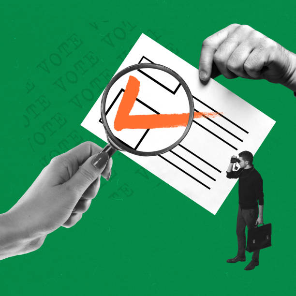 istock Voting policy. Young man looking on voting system. Ballot paper with checkmark. Contemporary art collage 1937464482