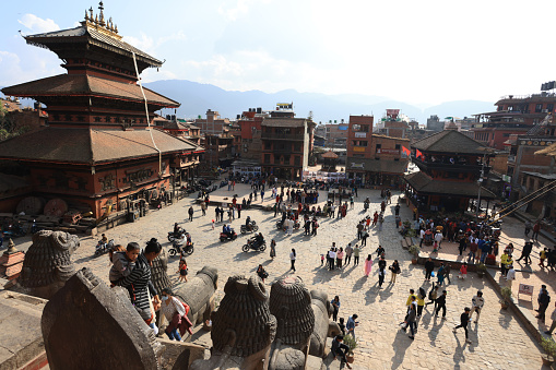 Kathmandu, Nepal - November 25 2023: exterior of Bhairavanath temple. bhaktapur old town area. Bhaktapur historical area and durbar square is a living heritage that the people are still living inside.