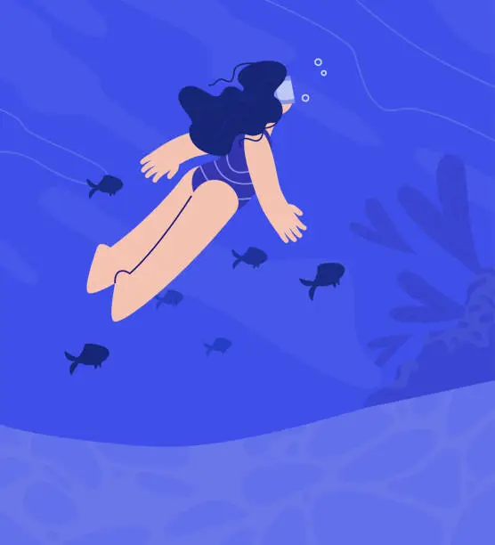 Vector illustration of Woman swims underwater, enjoying the beauty of the ocean floor and fish.