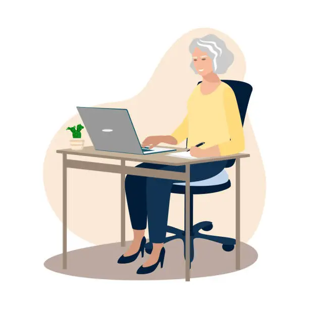 Vector illustration of elderly woman working on a laptop