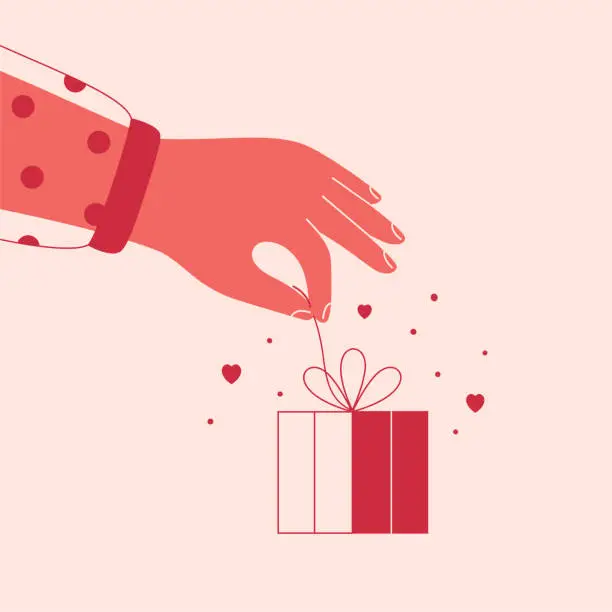 Vector illustration of Female hand opens gift surrounded by flying hearts. Woman arm untying red ribbon bow on surprise box. Girl unpacking present on Valentines Day