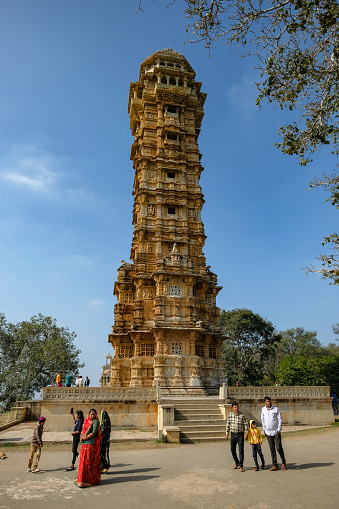 Chittorgarh, India - January 6, 2024: Vijaya Stambha at Chittorgarh Fort in Chittorgarh, Rajasthan, India.