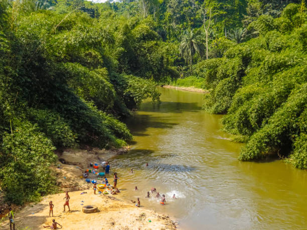 People swimming in the river passing through Mayombe forest (Floresta de Mayombe) in Democratic Republic of Congo.