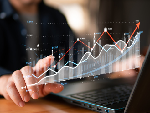 Businessman perform data analysis in computer. Chart report platform for finance management dashboard, analyze the strategy of business and overview of profit and budget.