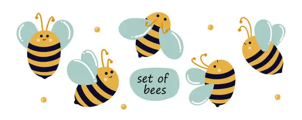 Vector illustration of Set of cute flying bees in the cartoon style.