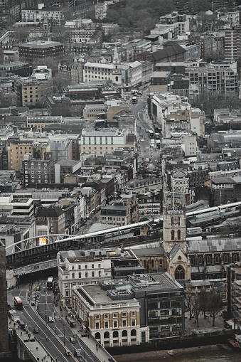South East London, England, United Kingdom, Great Britain – January 2024: An aerial photograph showing the urban panorama view/city skyline taken in the heart of the financial district of the City of London. This photo was captured at London's East End.