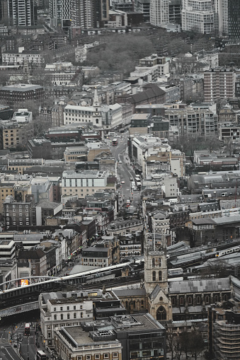 South East London, England, United Kingdom, Great Britain – January 2024: An aerial photograph showing the urban panorama view/city skyline taken in the heart of the financial district of the City of London. This photo was captured at London's East End.