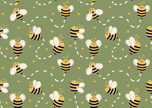 Bees move in different directions on green background with honey droplets and lines of movement. Seamless bee pattern for kids. Summer pattern for fabrics, bed linen, decor