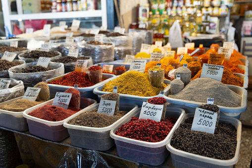 Assortment stall of seeds and spice for sale in local bazaar of organic local ecological food in yerevan market