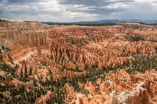 A scenic view of Bryce Canyon in brooding rainy weather