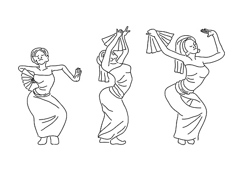 An illustration of a set of simple thin lines of woman Bali dancers