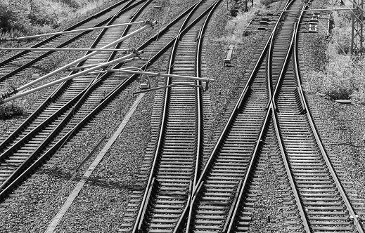 Germany, Berlin, July 09, 2023 - High angle view of railway tracks, Berlin Prenzlauer Berg