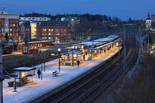 Stockholm, Sweden – November 20, 2023: Huddinge commuter train station. Travel time from Stockholm Central Station is 20 minutes. Huddinge Municipality has approximately 114,356 inhabitants