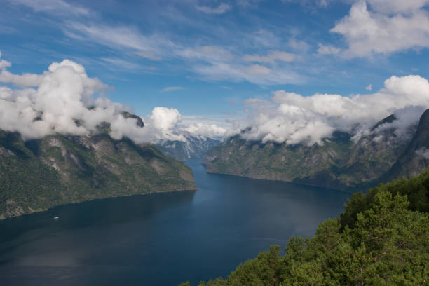 アウルランドフィヨルドを見下ろすステーガスタイン展望台から見たハルダンゲルフィヨルドの美しい眺め - aurlandfjord ストックフォトと画像