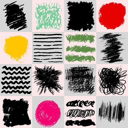 Big set charcoal colored pencil curly lines, squiggles, shapes. Realistic grunge pen scribbles. Vector pencil lines, doodles. Bright colorful charcoal or chalk drawing. Hand drawn rough crayon strokes