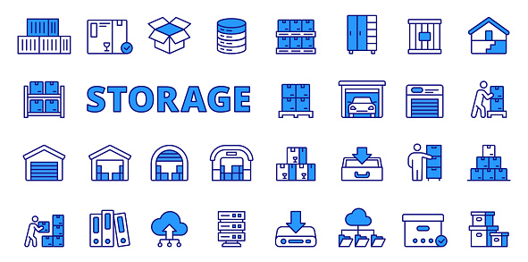 Storage icons in line design blue. Container, warehouse, box, pallet, warehousing, garage, stockroom isolated on white background vector. Storage editable stroke icon