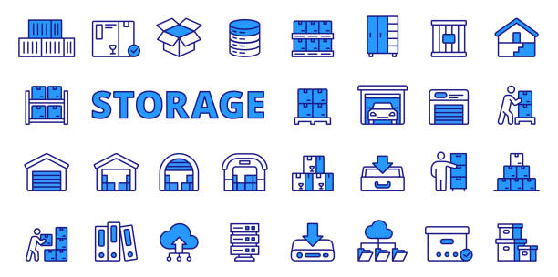 Storage icons in line design blue. Container, warehouse, box, pallet, warehousing, garage, stockroom isolated on white background vector. Storage editable stroke icon. Storage icons in line design blue. Container, warehouse, box, pallet, warehousing, garage, stockroom isolated on white background vector. Storage editable stroke icon digital repository stock illustrations
