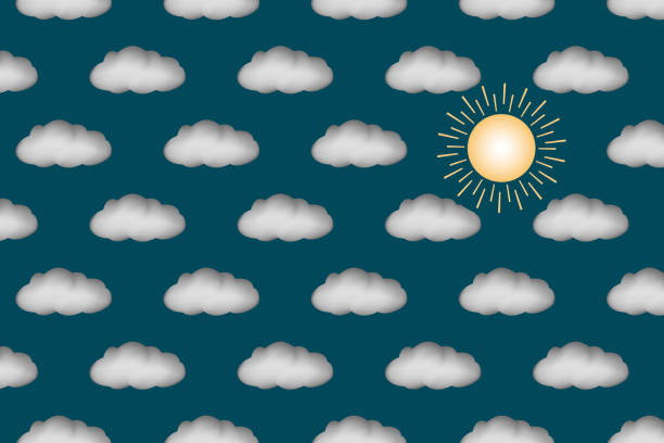 Horizontal seamless sun and clouds pattern illustration. Lots of clouds and one sun on blue background.