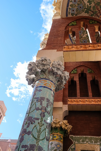 Barcelona, Catalonia, Spain. November 03, 2023. Ceramic mosaic columns of the Palace of Catalan Music (Palau de la Musica Catalana). Copy space.