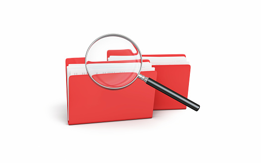 3d Render Red Folder and Documents with magnifying glass icon, Research concept, Research concept, It can be used for concepts such as archive system, filing, storage, digital icon. Object + Shadow Path