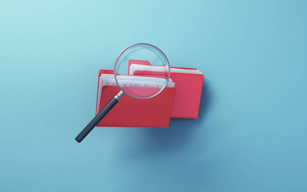 3d Render Red Folder and Documents with magnifying glass icon, sitting on Soft Blue background, Research concept, It can be used for concepts such as archive system, filing, storage, digital icon.