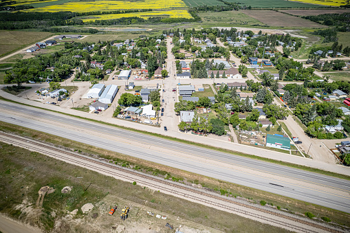 Drone image capturing the town of Borden in Saskatchewan, showcasing its rural charm and scenic landscapes
