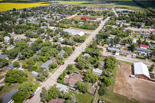 Drone image capturing the town of Dalmeny in Saskatchewan, showcasing its charming suburban setting and community atmosphere.