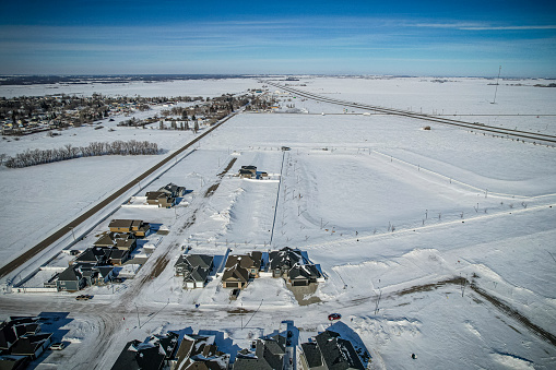 Drone image capturing the town of Dundurn in Saskatchewan, showcasing its rural charm and scenic landscapes