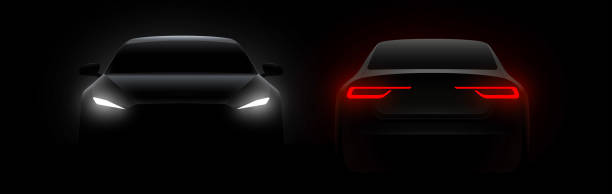 istock Front and back car silhouette with rear white lights on dark black background, wallpaper, banner template. Vector illustration 1937700409
