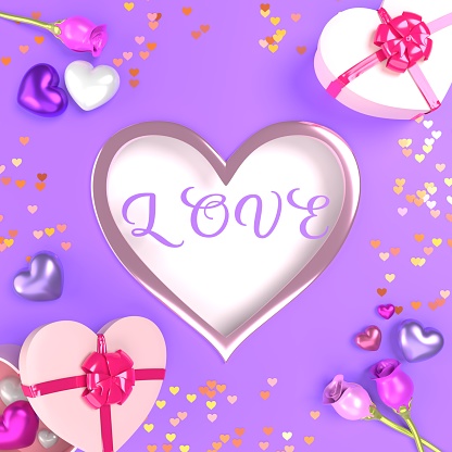 Love text in white valentines gift box on purple background, colorful roses and hearts are spread out to background.