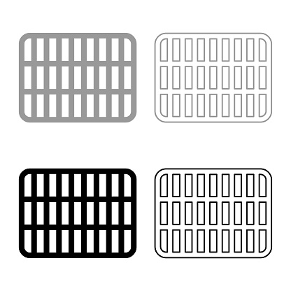 Grating grate lattice trellis net mesh BBQ grill grilling surface rectangle shape roundness set icon grey black color vector illustration image simple solid fill outline contour line thin flat style