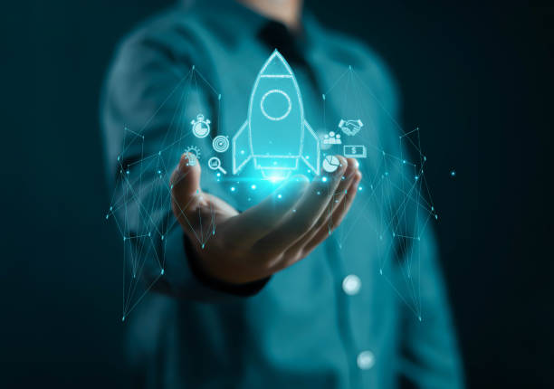 istock Businessman showing startup business idea Network connection icons on modern virtual interface rocket. Global 1937711510