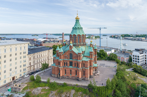 Uspenski Cathedral in Helsinki, Finland. Drone Point of View. It is an Eastern Orthodox cathedral in Helsinki, Finland, and main cathedral of the Orthodox Church of Finland.