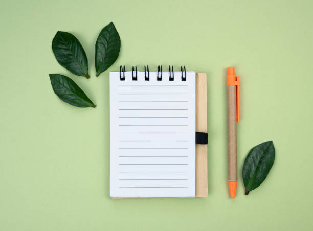 istock Empty notebook and pen made of eco friendly materials on a green background. Top view. Copy space. 1937731026