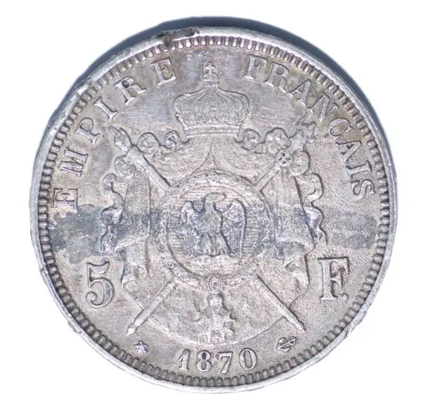 Photo of 1870 A FRANCE Francais Empereur emperor NAPOLEON III Barre Antique old vintage Silver 5 Franc French Coin reverse back side isolated on white background