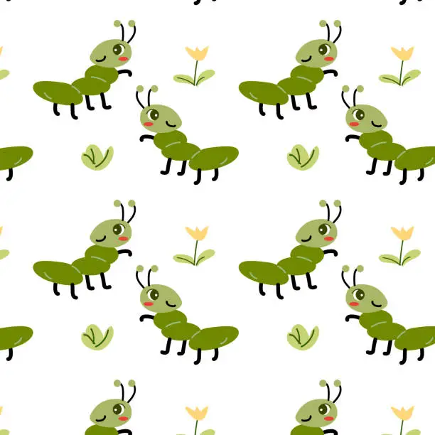 Vector illustration of cute green animal ant seamless spring pattern