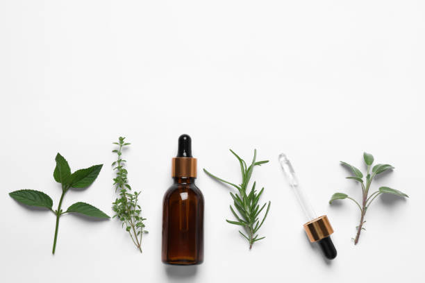 istock Bottle of essential oil, pipette and different herbs on white background, flat lay. Space for text 1937734733