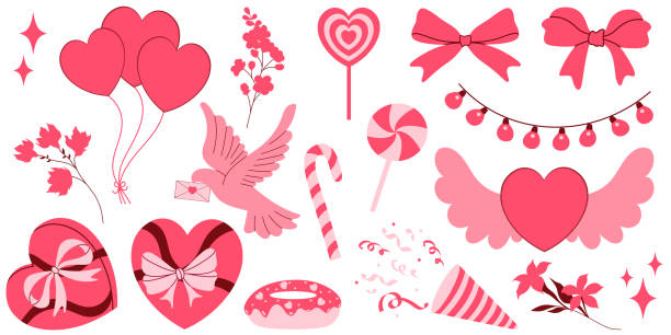 prezent, serce, balon, kwiaty, kokardka, słodycze i inne przedmioty dekoracyjne. - birthday balloon bouquet clip art stock illustrations
